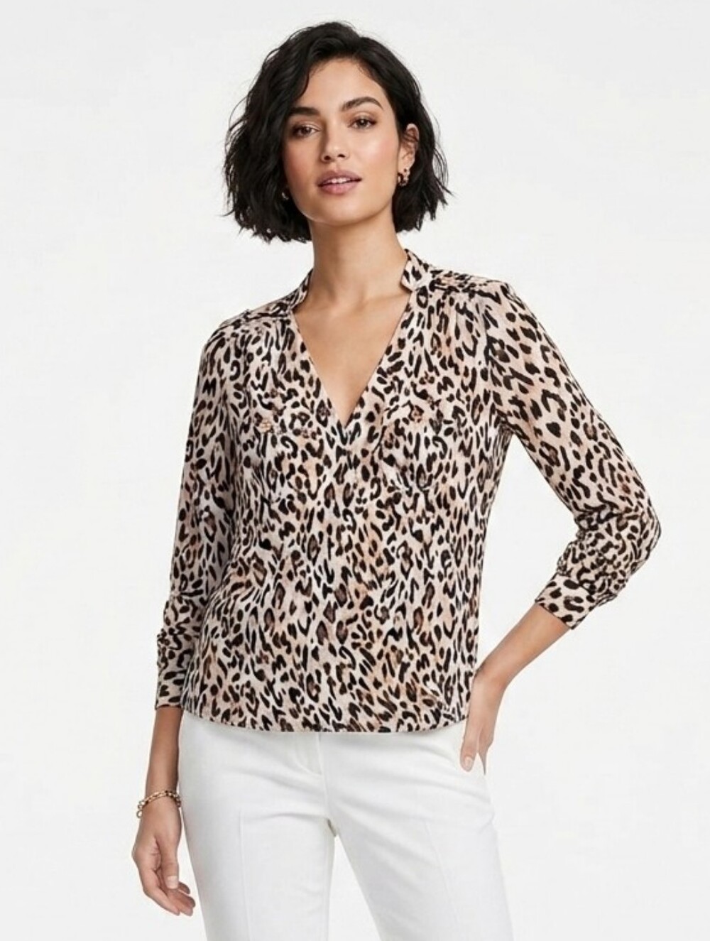 White House Black Market Cris Cross Cheetah Print Blouse Top Black Tan 2